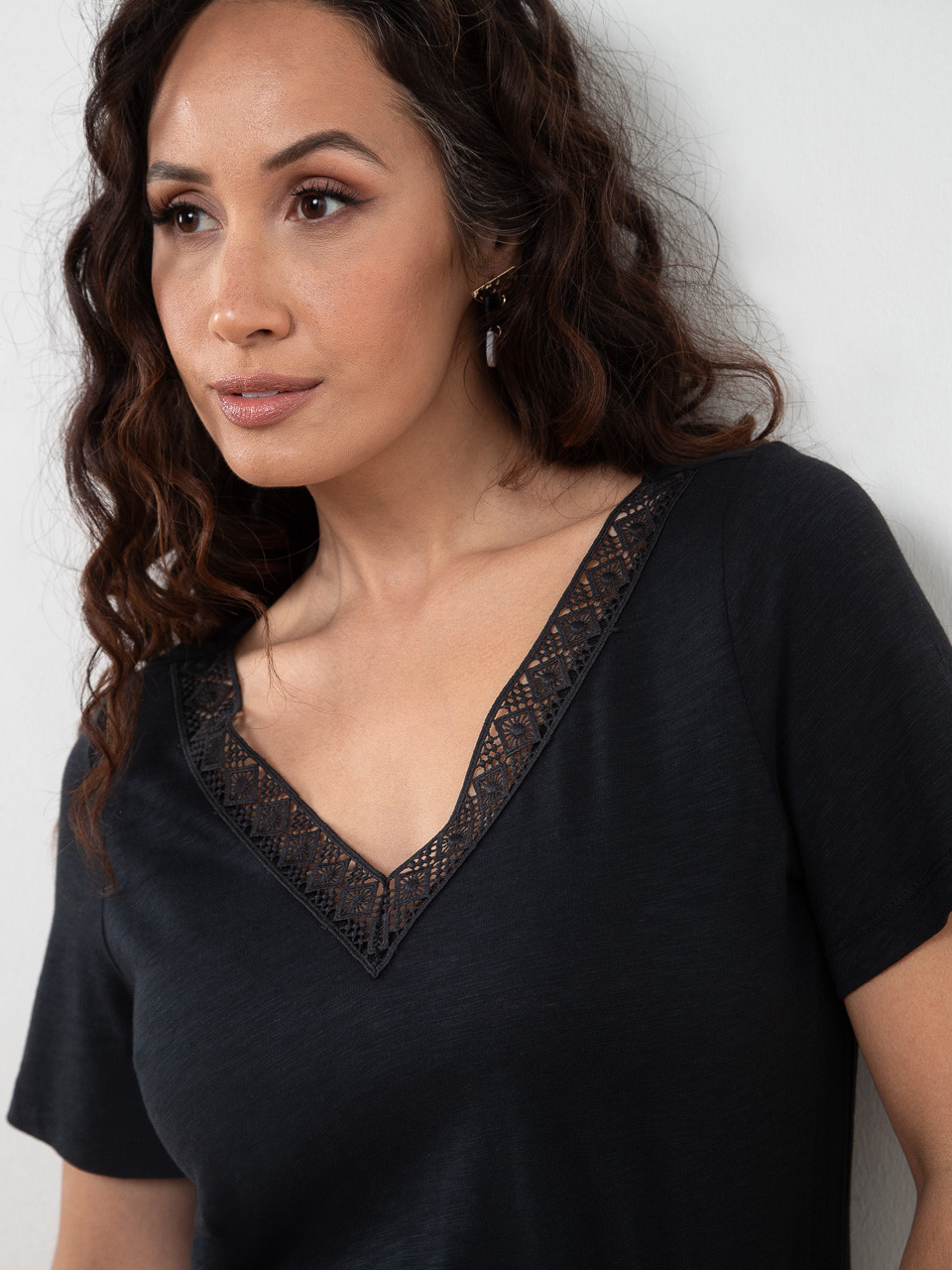 Petite Short Sleeve Black Crochet V-Neck T-Shirt