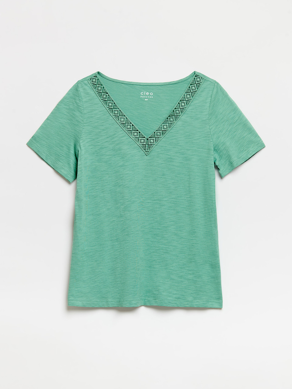 Petite Short Sleeve Sage Crochet V-Neck T-Shirt
