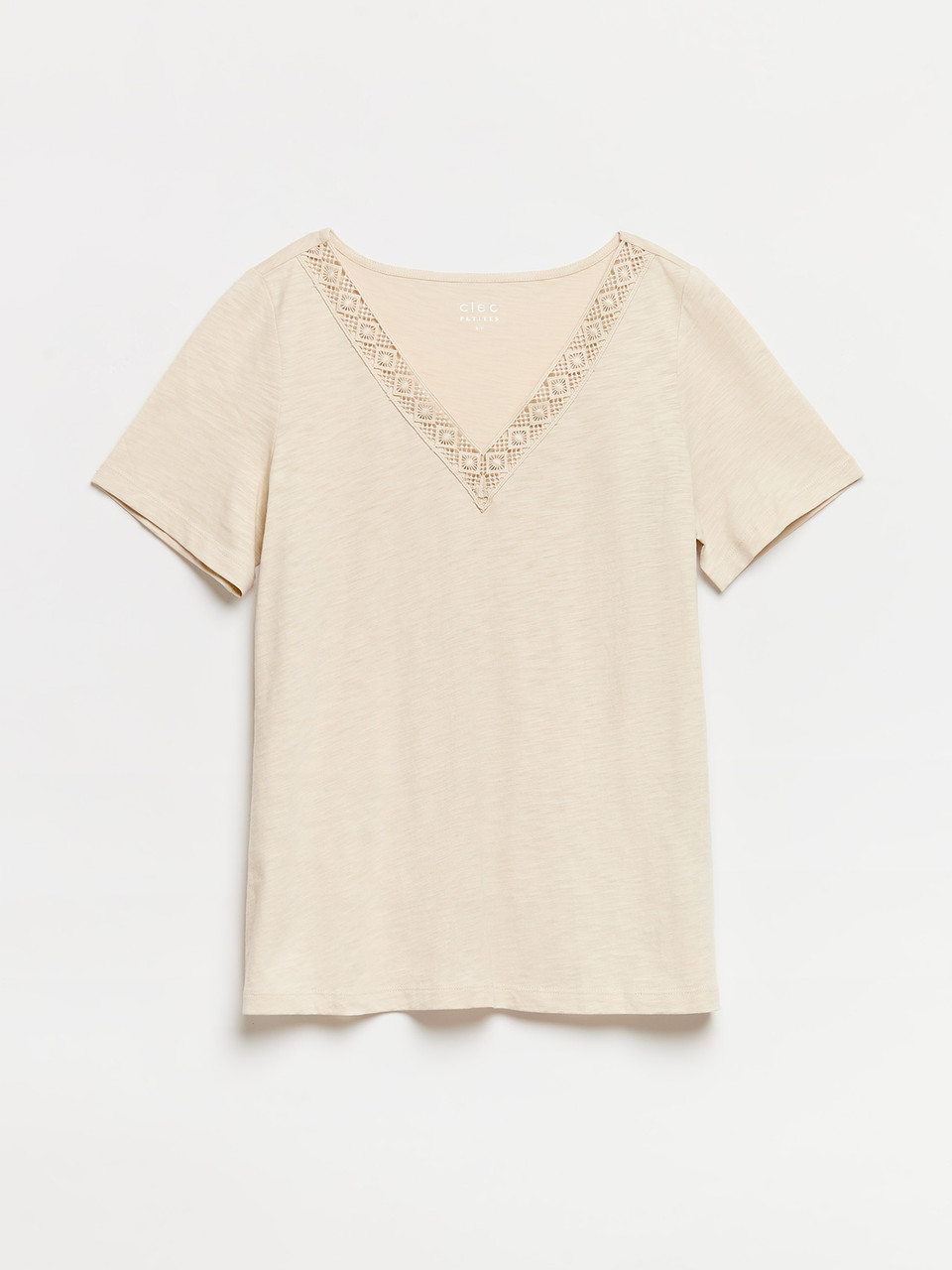 Petite Short Sleeve Sand Crochet V-Neck T-Shirt