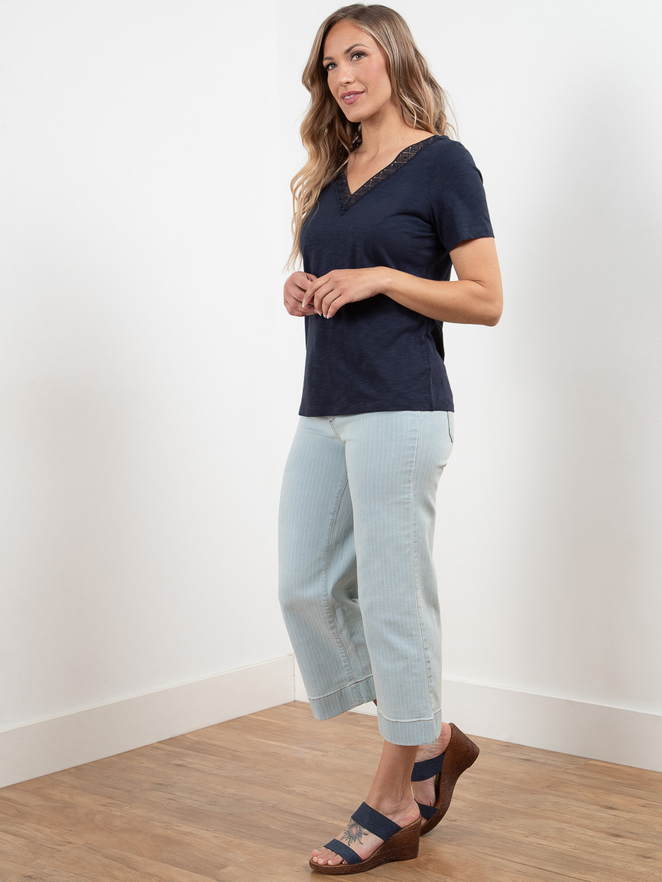 Short Sleeve Navy Crochet V-Neck T-Shirt