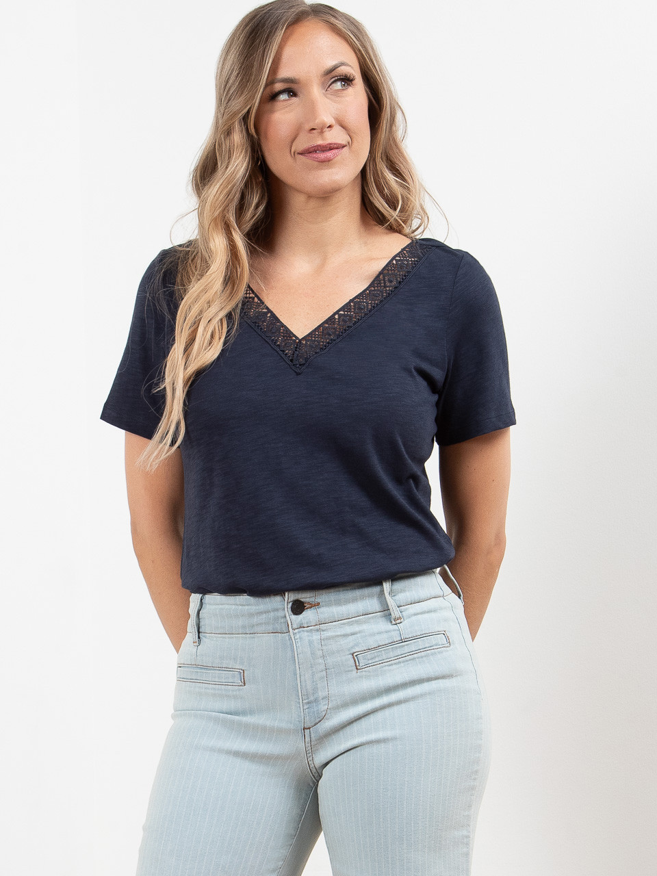 Short Sleeve Navy Crochet V-Neck T-Shirt