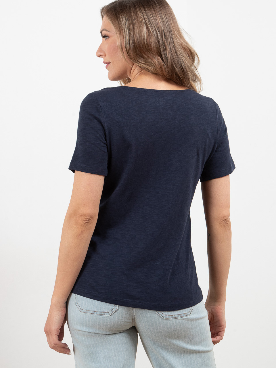 Short Sleeve Navy Crochet V-Neck T-Shirt