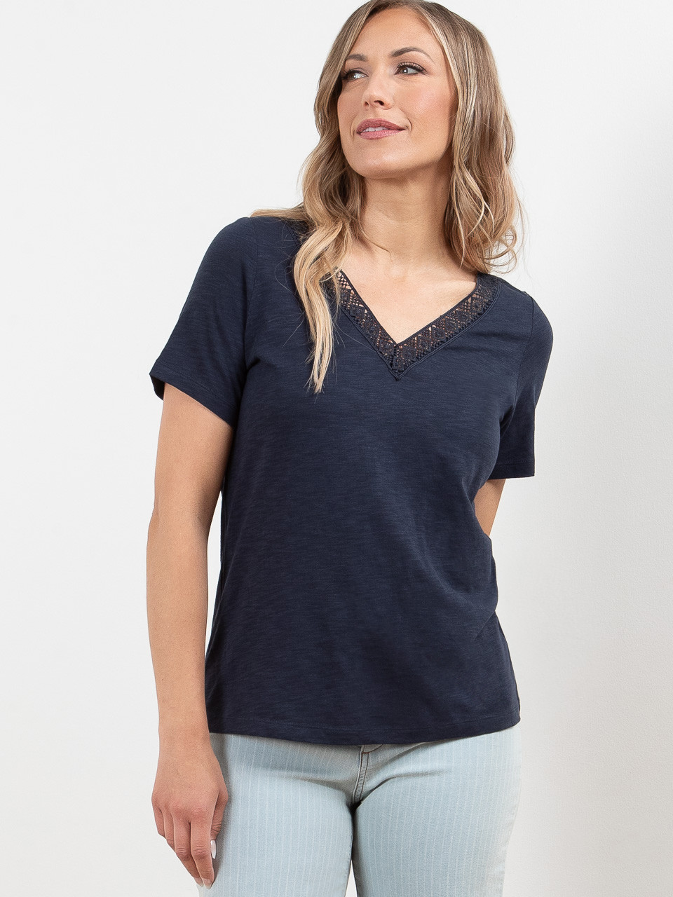 Short Sleeve Navy Crochet V-Neck T-Shirt