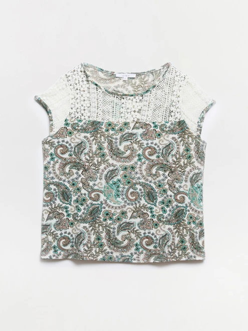 Relaxed Fit Paisley Lace Yoke Top