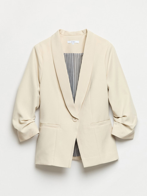 Ruched Sleeve 1-Button Blazer in Stone