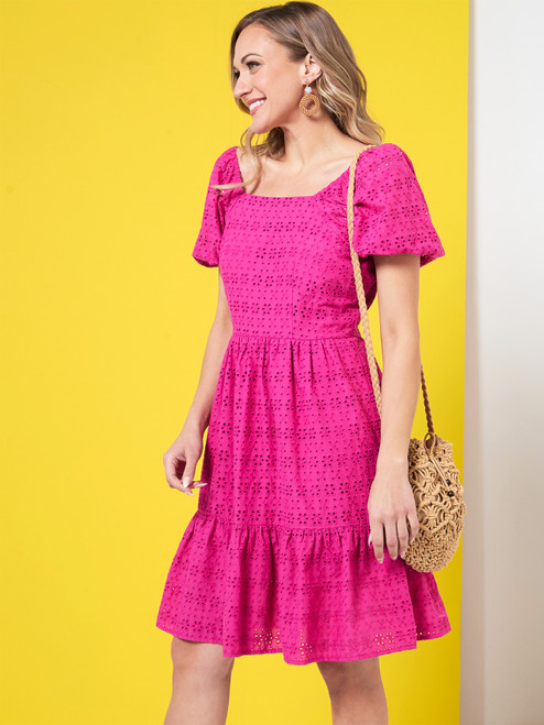 Eyelet Puff Sleeve Dress in Magenta