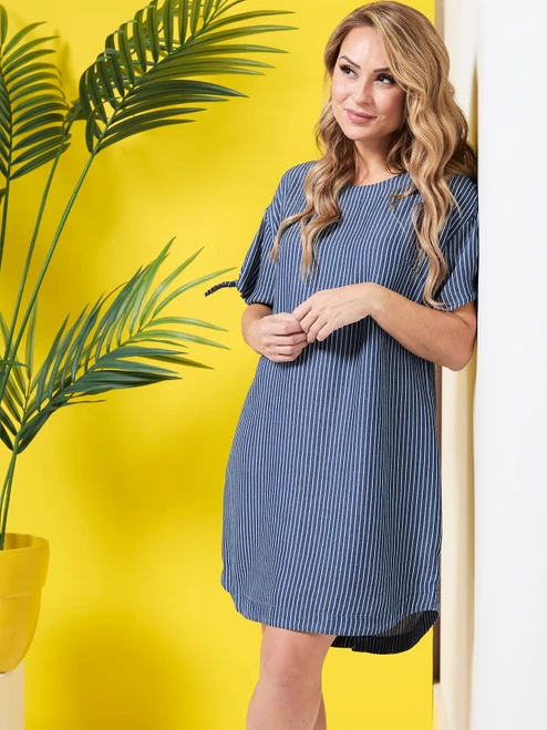 Petite Tie Sleeve Button-Back Dress in Blue/White