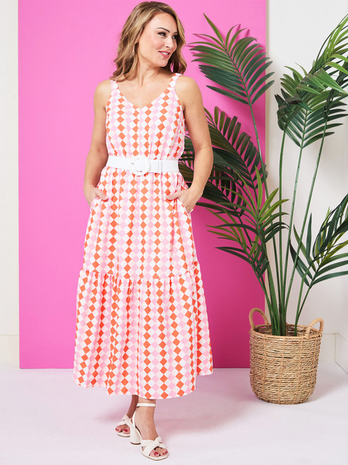 Petite Woven Maxi Dress with Belt in Orange/Stone