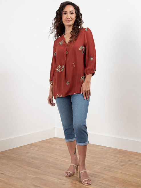Petite Elbow Sleeve Embroidered Blouse in Terracotta