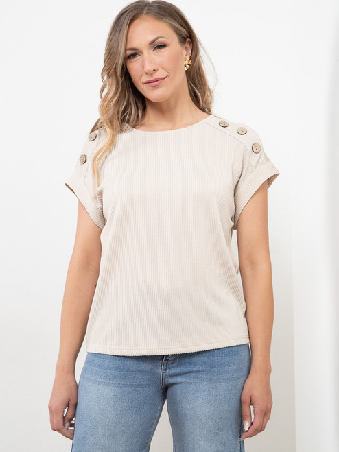 Relaxed Cap Sleeve Top with Button Detail in Sand