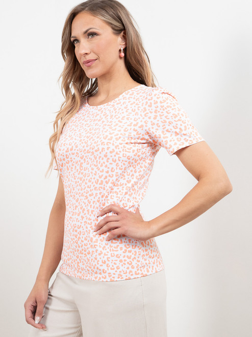 Short Sleeve Knit Gathered T-Shirt in Coral Animal