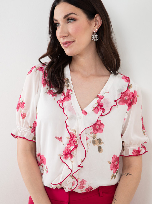 Chiffon Ruffle Neck Blouse in White/Lipstick Floral