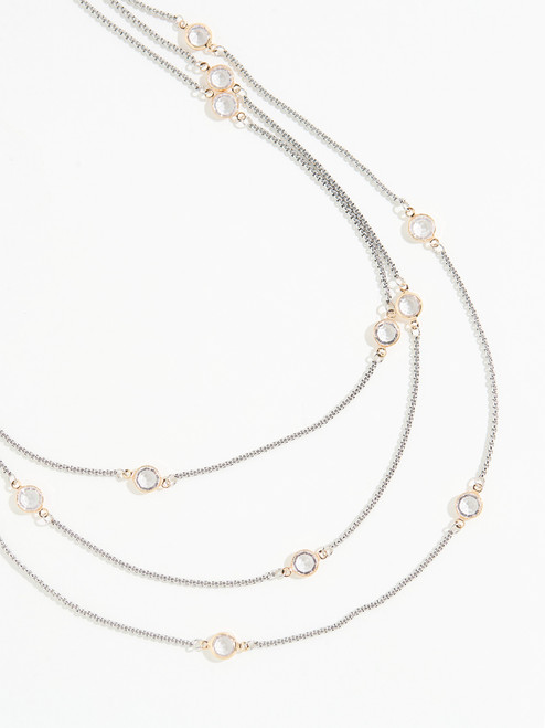 Long Multi-Layer Silver & Crystal Necklace