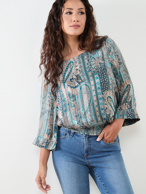 Petite Kimono Blouse with Smocked Hem