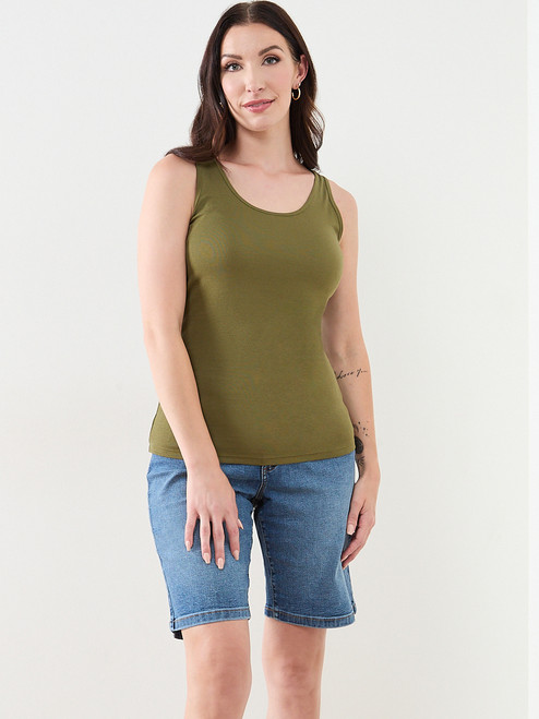 Stretch Cotton U-Neck Tank in Moss