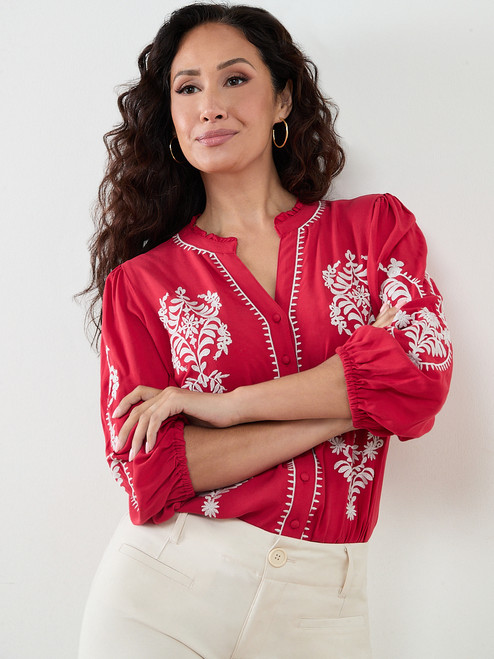 Petite 3/4 Sleeve Embroidered Blouse