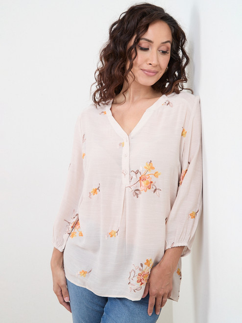 Petite Elbow Sleeve Embroidered Blouse