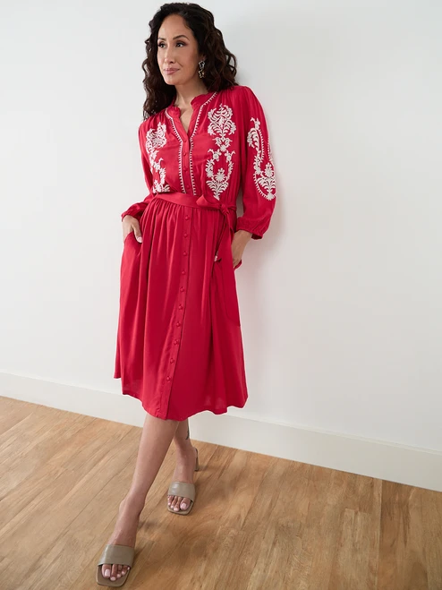 Petite Red Long Sleeve Embroidered Dress
