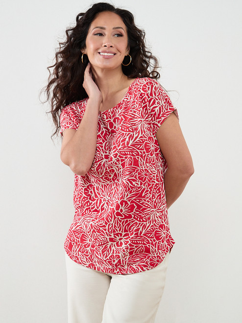 Petite Short Sleeve Boatneck T-Shirt in Crimson Floral