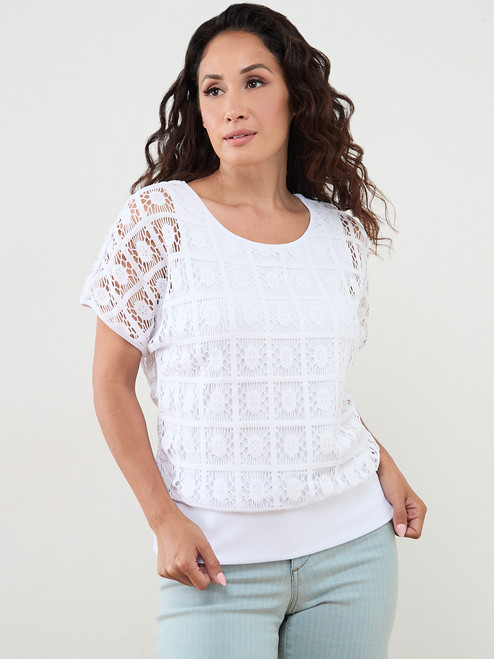 Petite Short Sleeve Crochet Layered Top in White