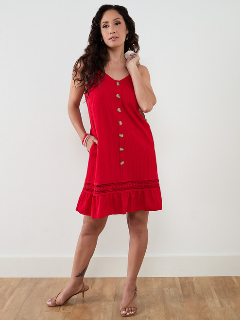 Red Textured Thin Strap Dress