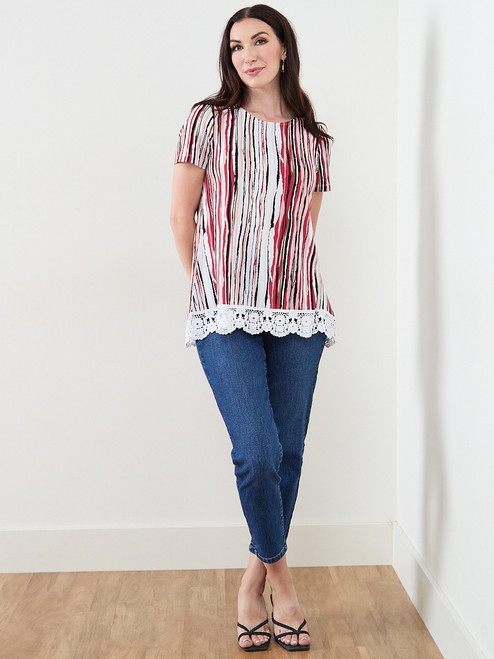 Short Sleeve Multi Stripe Crochet Trim Top