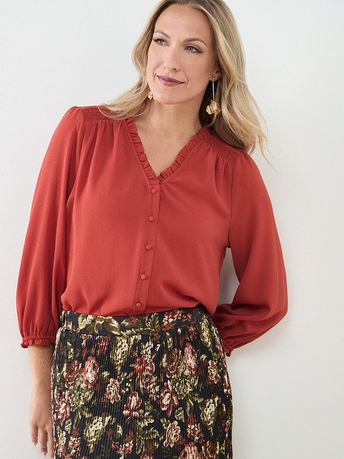 3/4 Sleeve Ruffle Trim Blouse