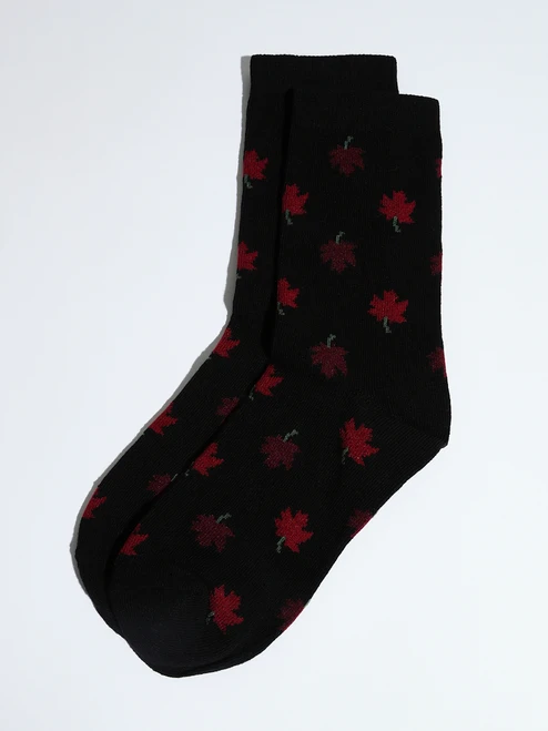 Black Crew Socks with Fall Leaf Print