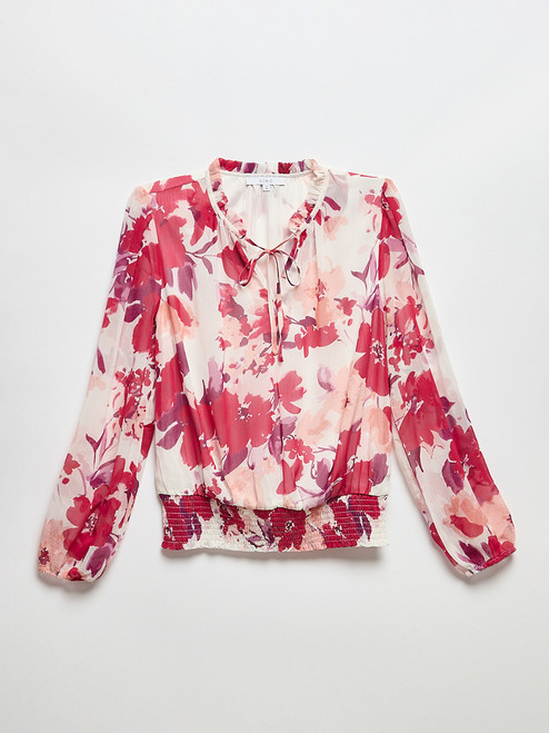 Long Sleeved Split Neck Chiffon Blouse