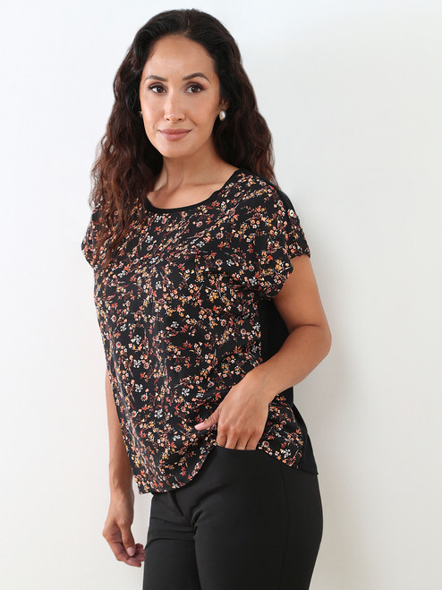 Petite Cap Sleeve Round Neck Mixed Media Top