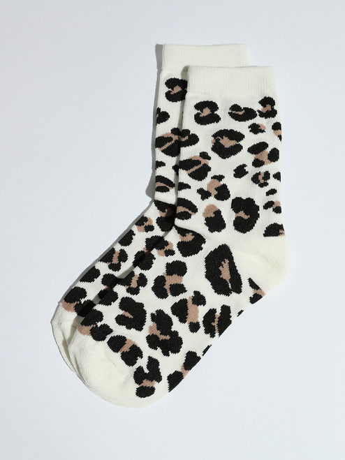 White Leopard Print Crew Socks