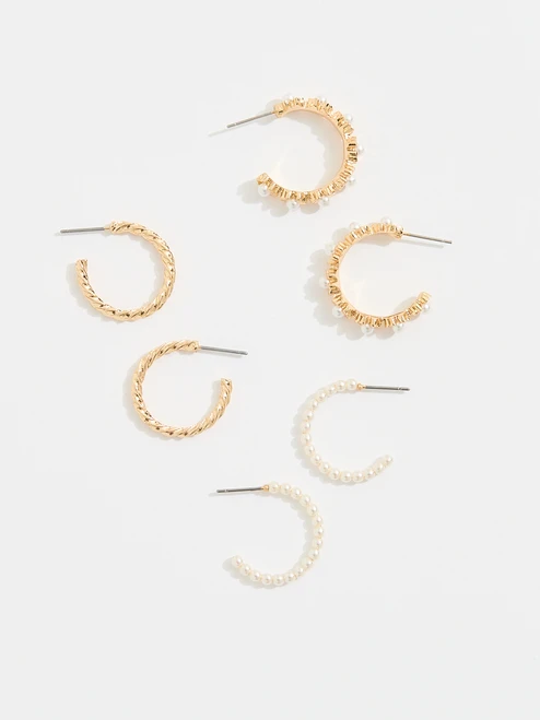 Gold/Pearl/Rhinestone Small Hoop Trio
