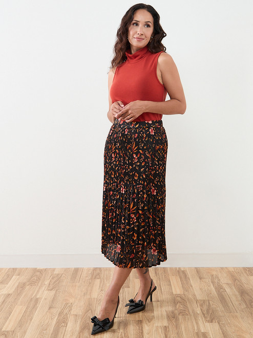 Petite Satin Double Pleated Midi Skirt in Floral Print