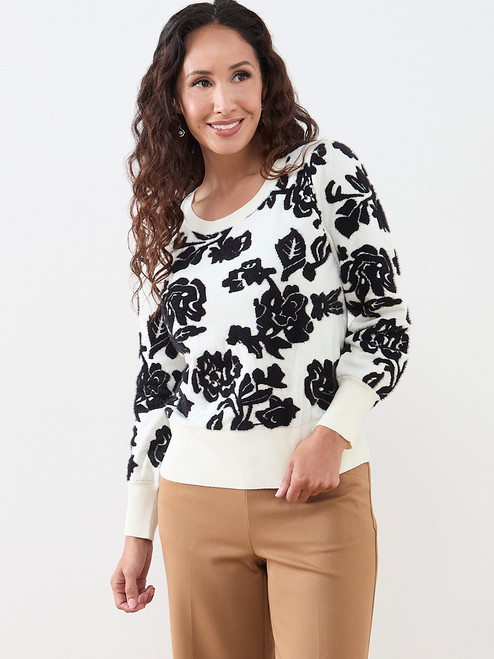 Petite Floral Crew-Neck Pullover Sweater