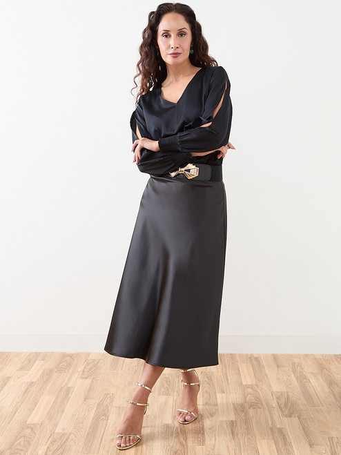 Petite Black Satin Bias Cut Skirt | Cleo