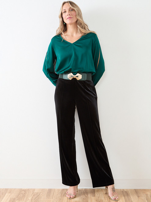 Slit Long Sleeve Satin V-Neck Blouse | Cleo