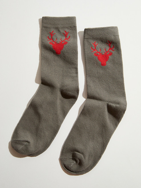 Grey Red Deer Crew Socks