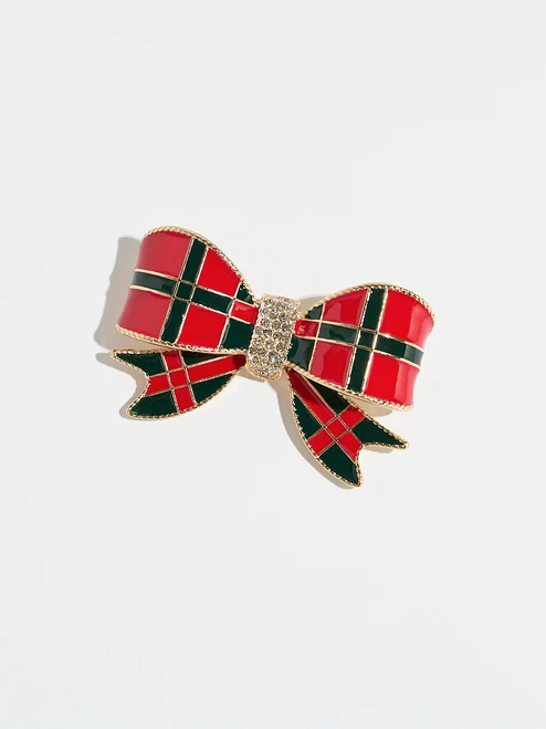 Plaid Christmas Bow Brooch