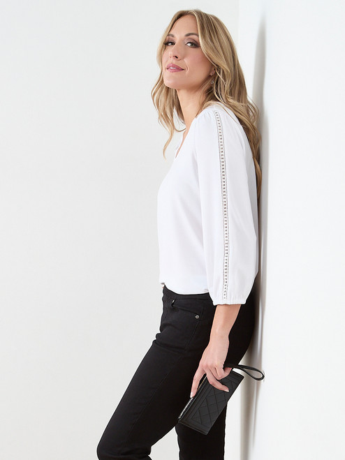 3/4 Sleeve V-Neck Crochet Insert Top