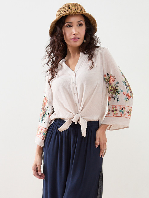 Petite 3/4 Embroidered Sleeve Tunic Blouse