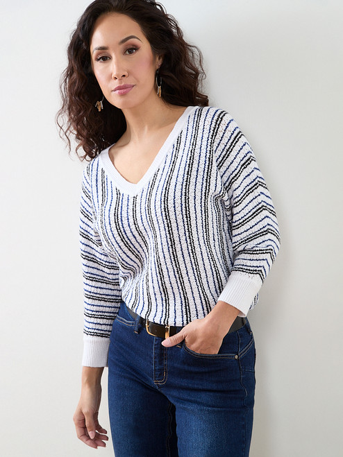 3/4 Sleeve Striped V-Neck Sweater