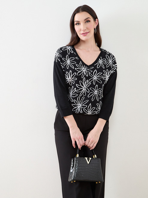 Petite 3/4 Sleeve Floral V-Neck Sweater