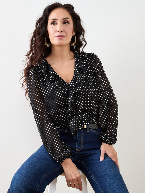 Petite Long Sleeve Ruffle Front Blouse