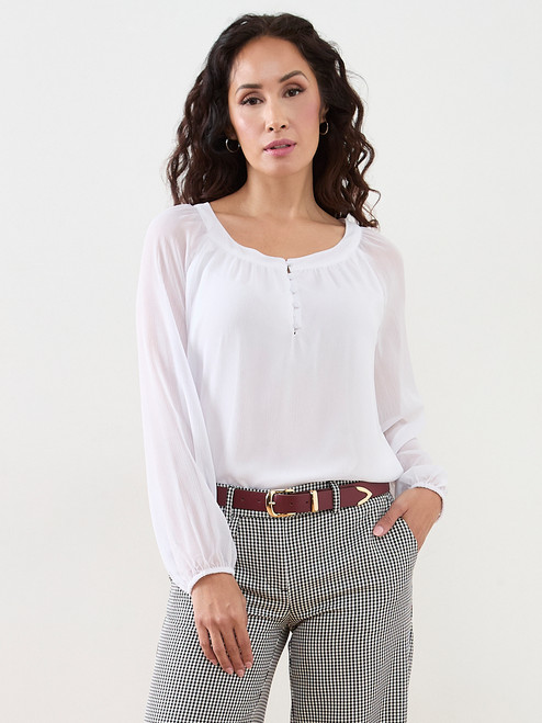 Petite Long-Sleeved Round Neck Chiffon Blouse