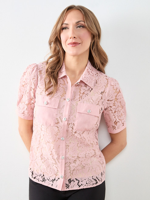 Lace Rhinestone Button Blouse