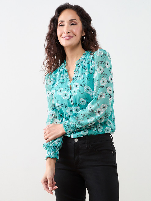 Petite Smocked Cuff Button Front Blouse