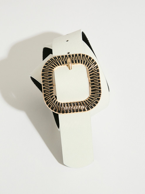 White Textured Buckle Pant Belt