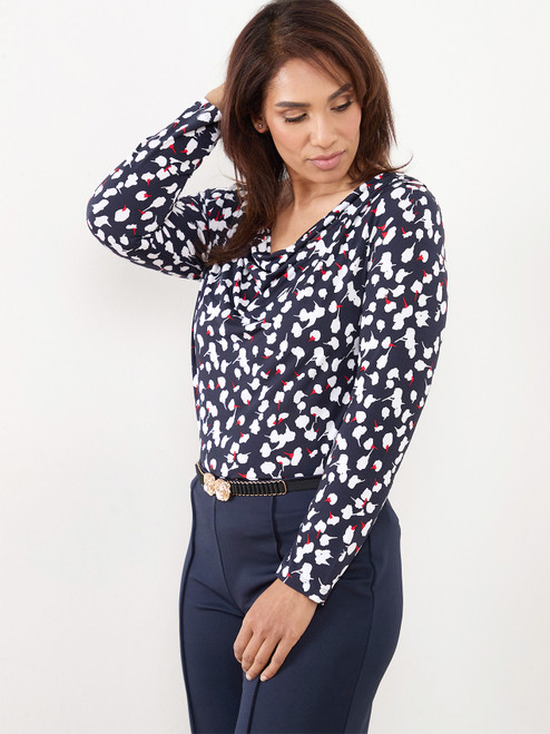 Petite Long Sleeve Cowl Neck Top in Navy/White/Red