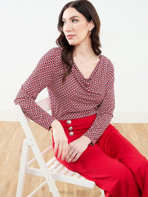 Long Sleeve Cowl Neck Top in Red & White