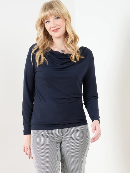 Long Sleeve Cowl Neck Top in Solid Navy
